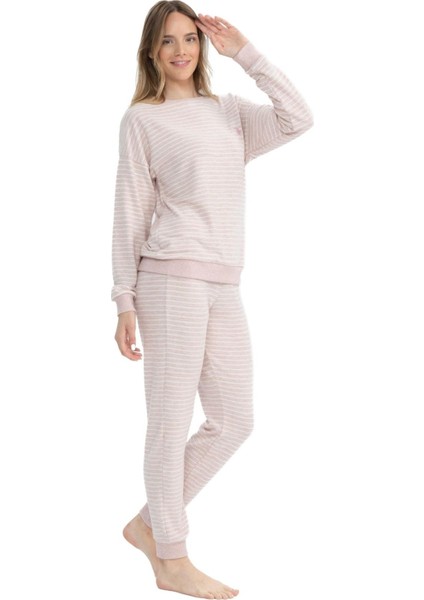 17082 Kadın Pembe Melanj Uzun Kollu Yuvarlak Yaka Pijama Takım fiyatları
