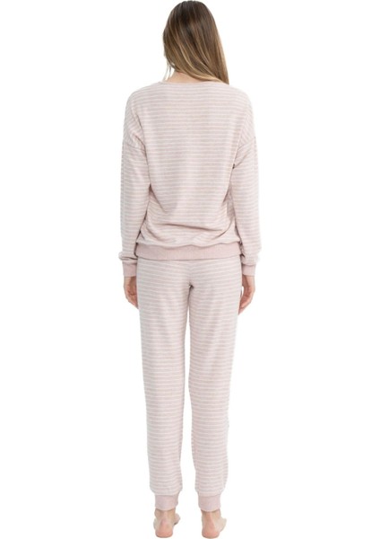 17082 Kadın Pembe Melanj Uzun Kollu Yuvarlak Yaka Pijama Takım modelleri