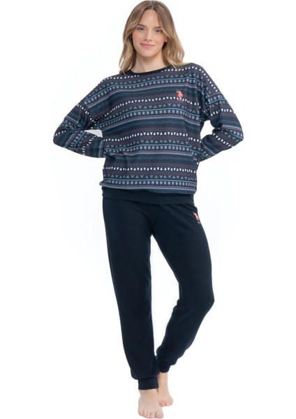 17112 Kadın Lacivert Uzun Kollu Yuvarlak Yaka Pijama Takım