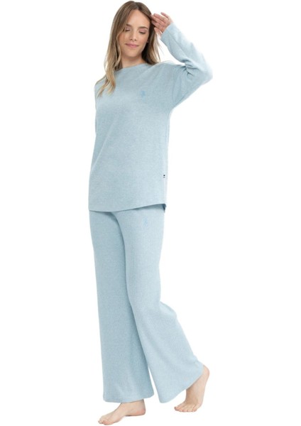 17085 Kadın Mavi Melanj Uzun Kollu Yuvarlak Yaka Pijama Takım modelleri