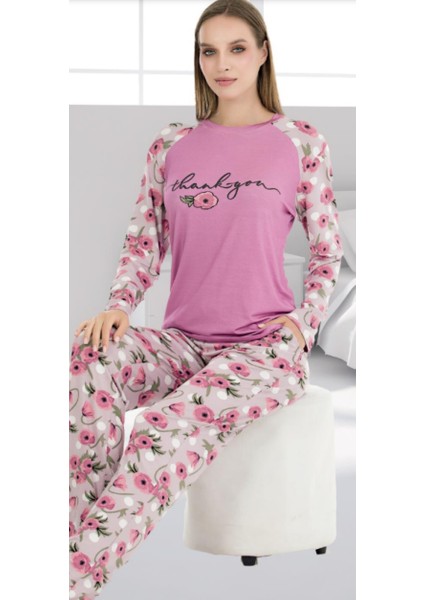 Pembe Üzeri Çiçekli M-L-XL Penye Pijama Takımı