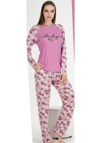 Pembe Üzeri Çiçekli M-L-XL Penye Pijama Takımı