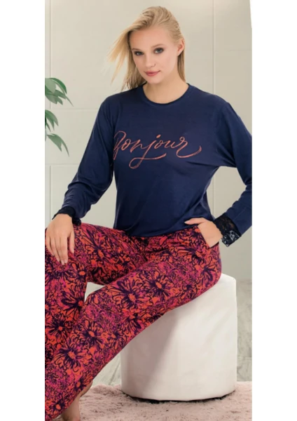 Lacivert Kırmızı Çiçekli M-L-XL Penye Pijama Takımı