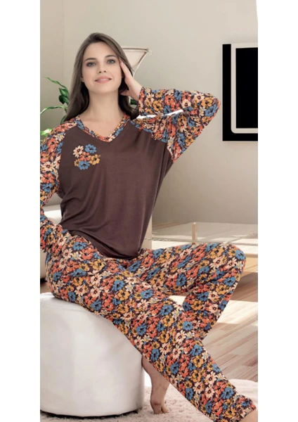 Kahverengi Renkli Çiçekli M-L-XL Penye Pijama Takımı