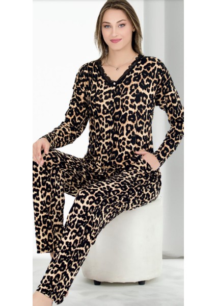 Sarı Siyah Leoparlı M-L-XL Penye Pijama Takımı