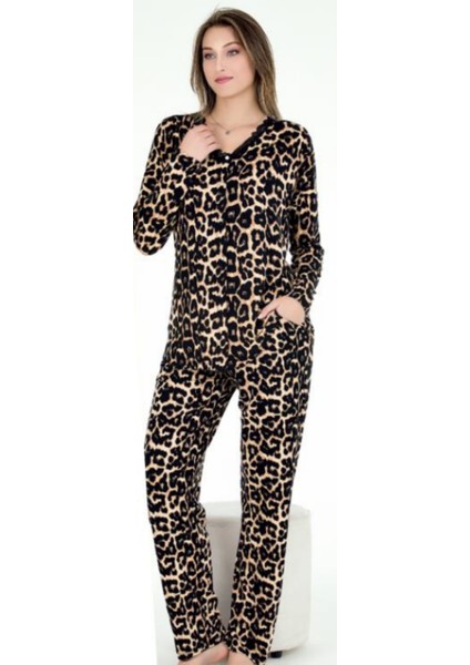 Sarı Siyah Leoparlı M-L-XL Penye Pijama Takımı