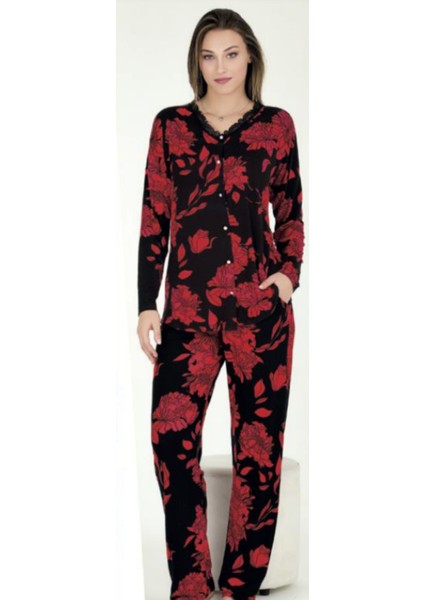 Siyah Üzeri Kırmızı Çiçekli M-L-XL Penye Pijama Takımı