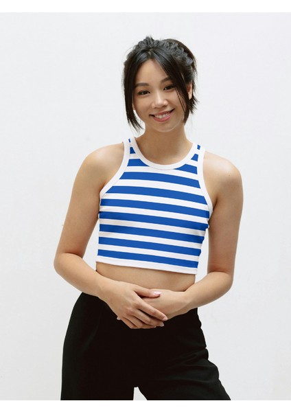 Kadın Fitilli Halter Yaka Mavi Çizgili Crop