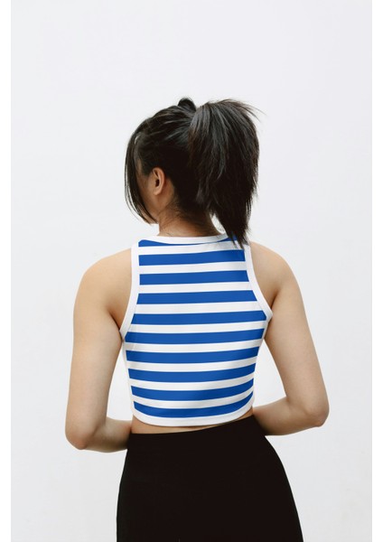Kadın Fitilli Halter Yaka Mavi Çizgili Crop fiyatları