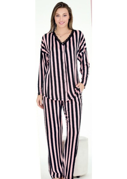 Pembe Siyah Çizgili M-L-XL Penye Pijama Takımı