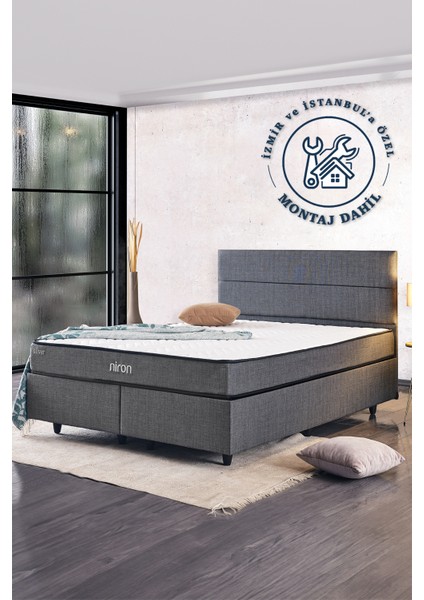Silver Çift Kişilik Yatak Seti 150 x 200 cm Full Ortopedik Sert Yatak Kaydırmaz Kumaş Kaplı Metal Baza ve Başlık Takımı