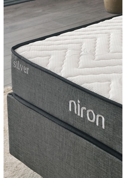 Niron Yatak Silver Tek Kişilik Yatak Seti 90x190 cm, Full Ortopedik Sert Yatak, Kaydırmaz Kumaş Kaplı Metal Baza ve Başlık Takımı