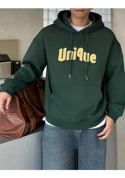 Oversize Erkek Unique Baskılı Yeşil Kapüşonlu Sweatshirt