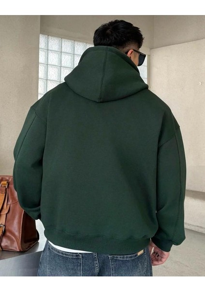 Oversize Erkek Unique Baskılı Yeşil Kapüşonlu Sweatshirt