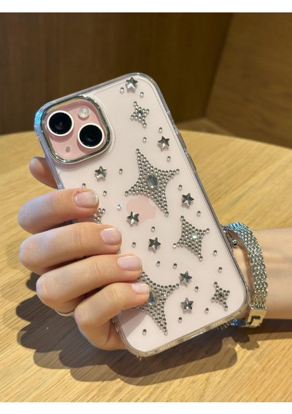 iPhone 14 Plus Uyumlu Gümüş Taşlı Kuzey Yıldızı Şeffaf Kılıf