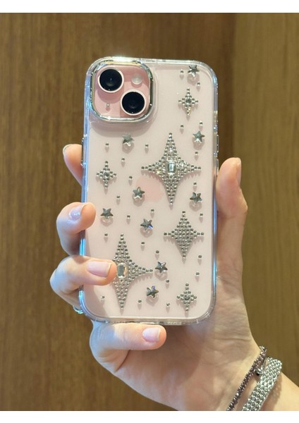 iPhone 14 Plus Uyumlu Gümüş Taşlı Kuzey Yıldızı Şeffaf Kılıf