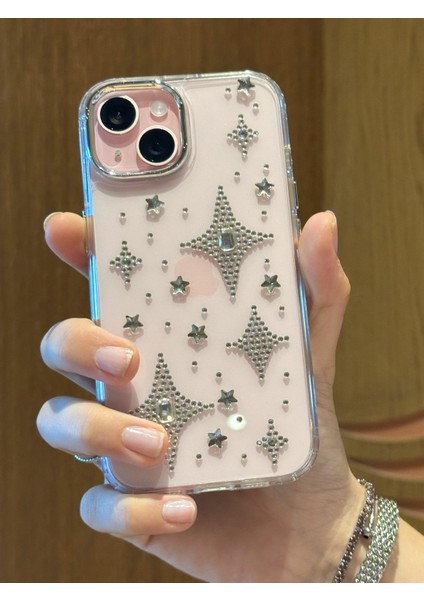 Paladyum Case iPhone 15 Uyumlu Gümüş Taşlı Kuzey Yıldızı Şeffaf Kılıf