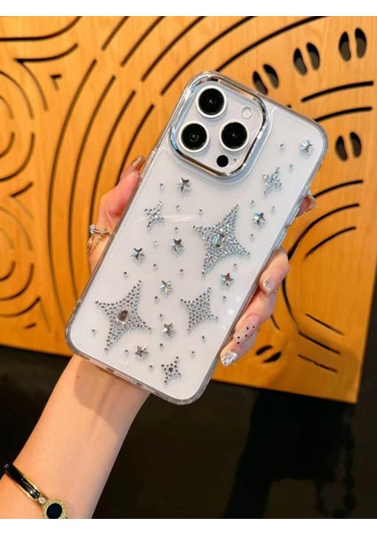 iPhone 15 Pro Uyumlu Gümüş Taşlı Kuzey Yıldızı Şeffaf Kılıf