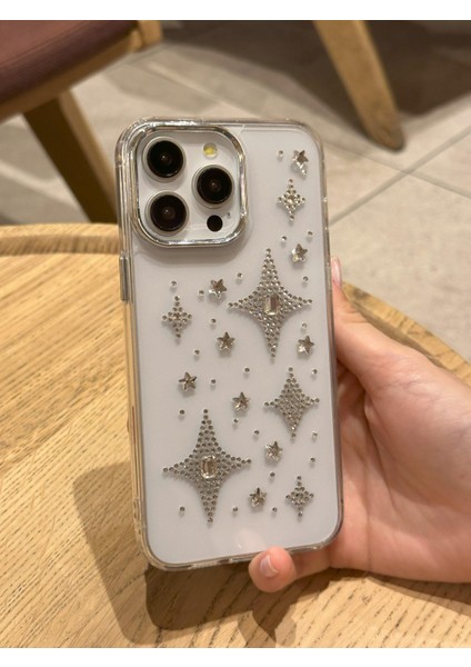 iPhone 15 Pro Uyumlu Gümüş Taşlı Kuzey Yıldızı Şeffaf Kılıf