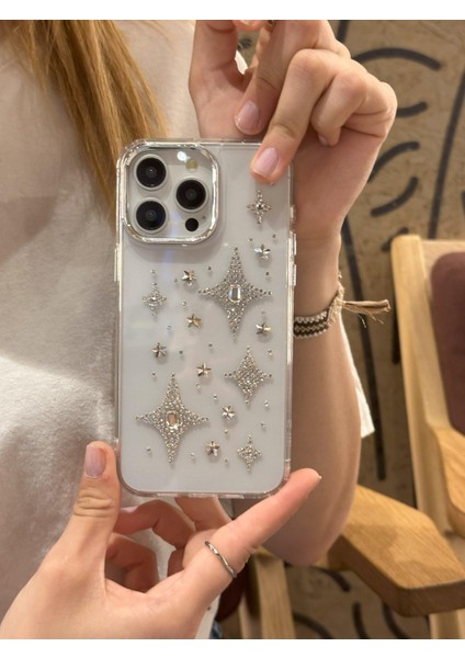 iPhone 15 Pro Uyumlu Gümüş Taşlı Kuzey Yıldızı Şeffaf Kılıf