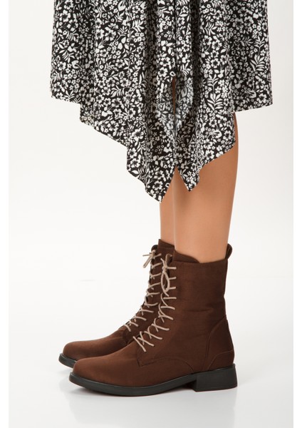 Kahverengi Süet Alçak Topuk Kadın Bot