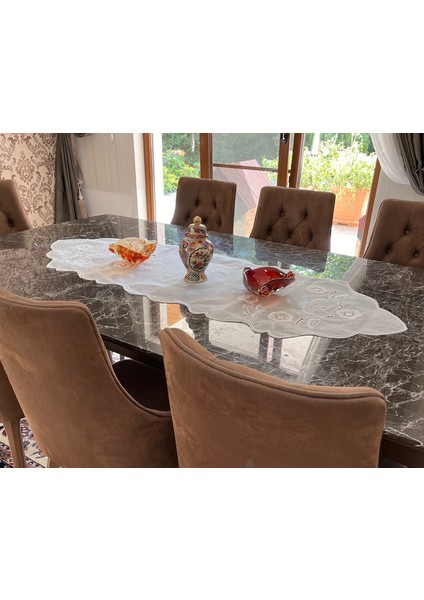 Ipekset Iğne Oyası 5'li Salon Örtü Takımı - Ödemiş İpeği Organze - İnci Beyazı - Çeyizlik
