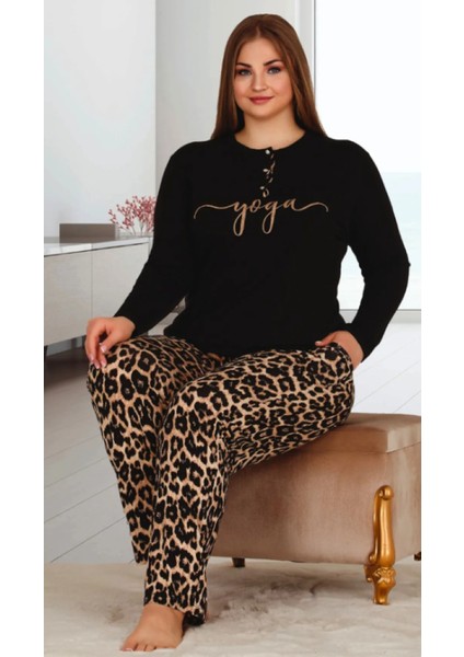 Siyah Üzeri Yoga ve Leoparlı 2XL-3XL-4XL Beden Pijama Takımı