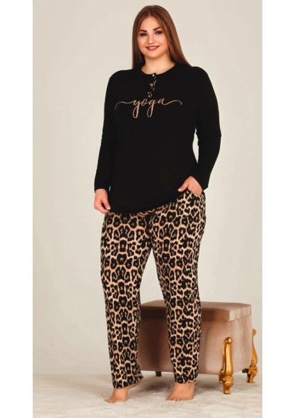 Siyah Üzeri Yoga ve Leoparlı 2XL-3XL-4XL Beden Pijama Takımı