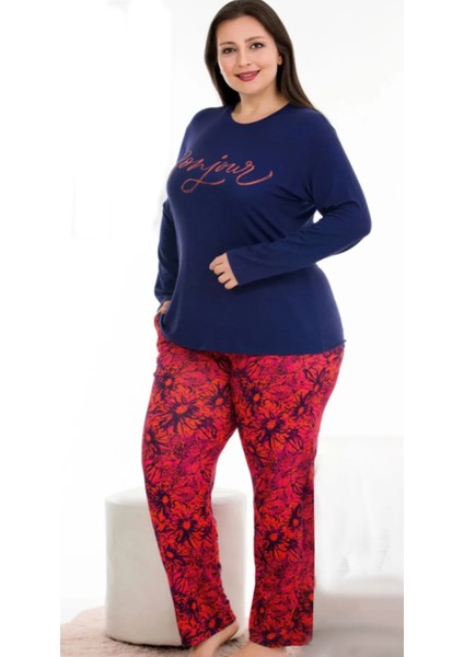 Lacivert Kırmızı Çiçekli 2XL-3XL-4XL Beden Pijama Takımı