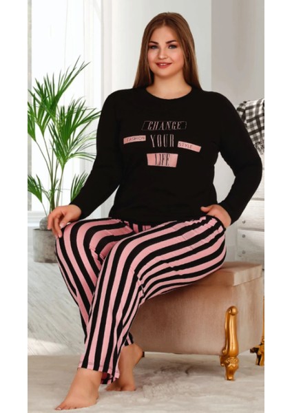 Siyah Pembe Çizgili 2XL-3XL-4XL Beden Pijama Takımı