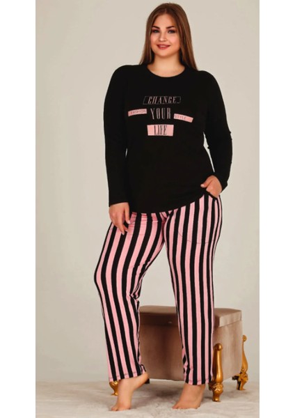 Siyah Pembe Çizgili 2XL-3XL-4XL Beden Pijama Takımı