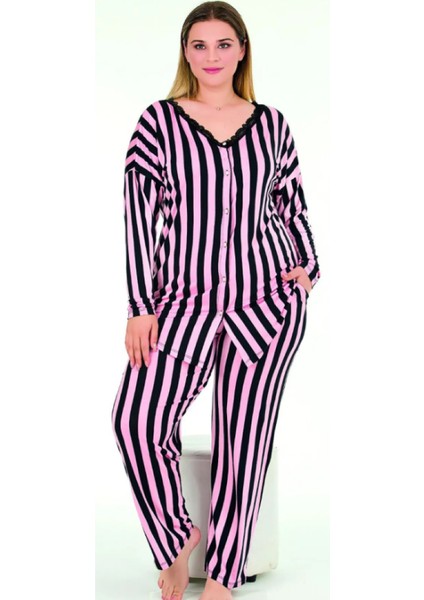 Pembe Üzeri Siyah Çizgili 2XL-3XL-4XL Beden Pijama Takımı fiyatları