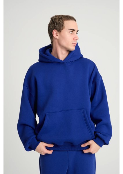 Unisex Saks Mavi Oversize Kapüşonlu Içi Polarlı 3 Iplik Basic Pamuklu Sweatshirt Hoodie