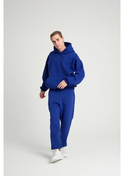 Unisex Saks Mavi Oversize Kapüşonlu Içi Polarlı 3 Iplik Basic Pamuklu Sweatshirt Hoodie fırsatları