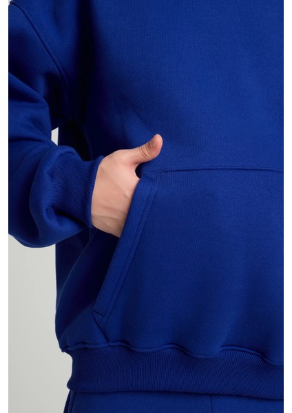 Unisex Saks Mavi Oversize Kapüşonlu Içi Polarlı 3 Iplik Basic Pamuklu Sweatshirt Hoodie indirimleri