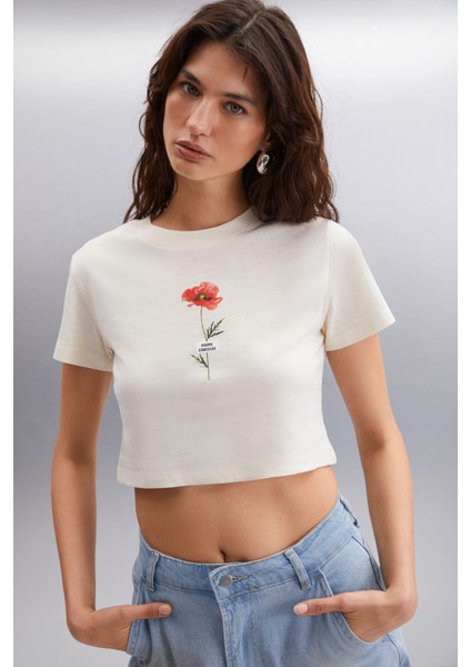 Irma 100% Pamuk Kadın Crop Vanilya T-Shirt