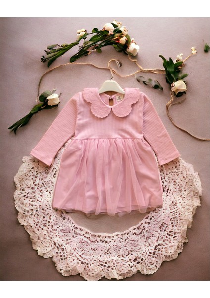 Kız Çocuk Zarif Bebek Yaka Tütülü Etekli Nakış Işlemeli Fitilli Elbise