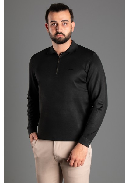 Erkek Siyah Polo Yaka Fermuarlı Triko Kazak