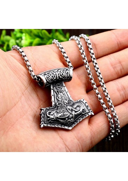 Paslanmaz Çelik Gümüş Renk Kabartma Desenler Viking Thor Kolye / Ekstra Zincir Hediyeli