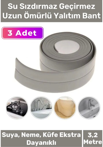 Premium Su Geçirmez Sızdırmaz Dayanıklı Pvc Yağ Kenar Küf Önleyici 3.2m Gri Izolasyon Bant 3 Adet
