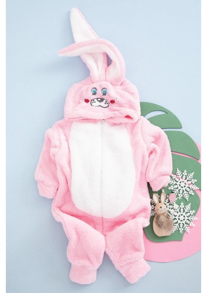 Welsoft Peluş Kapüşonlu Pembe Tavşan Nakışlı Uyku Tulumu