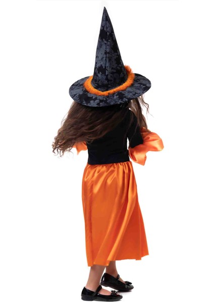 Kız Çocuk Halloween Turuncu Siyah Cadı Elbise Withc Kostümü Party