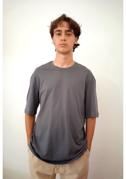 Erkek Oversize Pamuklu Nefes Alabilen Basic Gri Tişört