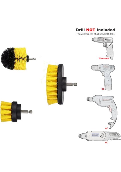 3'lü Set Matkap Ucuna Takılabilen Banyo Küvet Duşakabin Oto Lastik Koltuk Yıkama Temizleme Fırçası