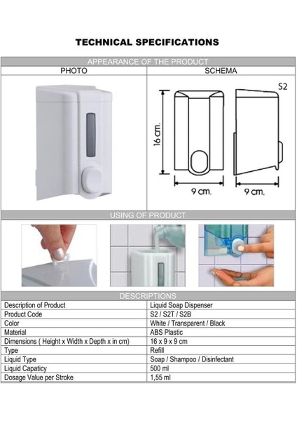 Tekno Trust Vialli S2 Hazneli Sıvı Sabun Bulaşık Deterjan Şampuan Duş Jeli Dezenfektan Dispenseri 500 Ml Beyaz