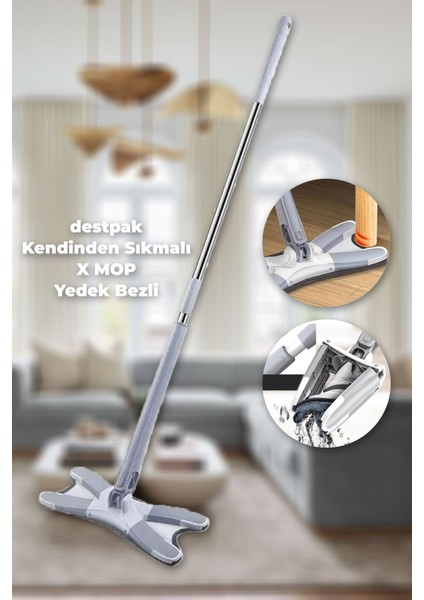 Kendinden Sıkmalı Mop Seti, Yedek Bez Hediyeli, Beyaz-Gri, Kenar ve Köşe Temizliği