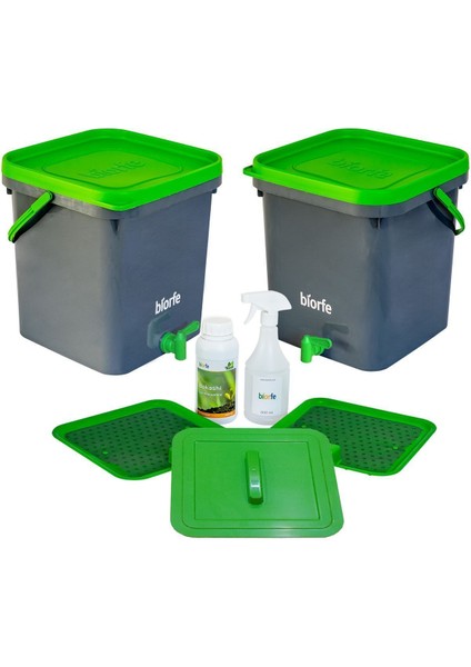 500 ml Bokashi Konsantre Ph Düzenleyici Sıvılı 18 L Kompost Kovası Ikili Set - Yeşil