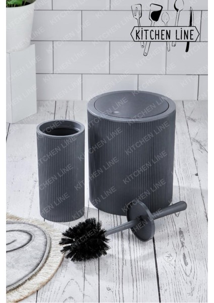 Yuvarlak Çöp Kovası & Yuvarlak Tuvalet Fırçası Seti Ikili Banyo Seti Koyu Gri
