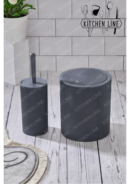 Yuvarlak Çöp Kovası & Yuvarlak Tuvalet Fırçası Seti Ikili Banyo Seti Koyu Gri