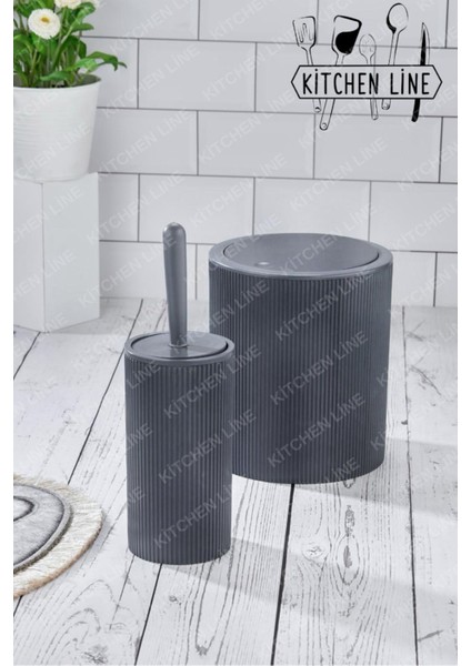 Yuvarlak Çöp Kovası & Yuvarlak Tuvalet Fırçası Seti Ikili Banyo Seti Koyu Gri